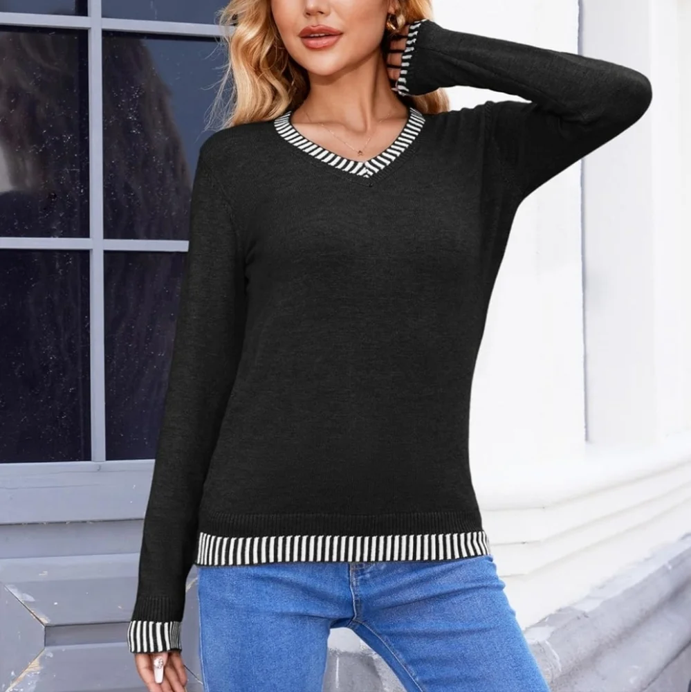 Black Long Sleeve Lightweight V-Neck Sweater with Striped Trim - NIP